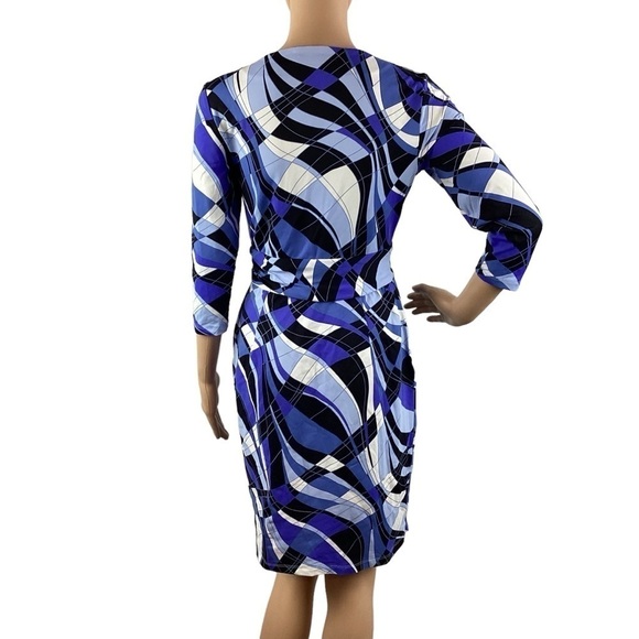 J. McLaughlin Brea Faux Wrap Dress Size XS Blue Black Optic Wave - Picture 5 of 7